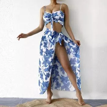 3 шт., бикини с цветочным принтом и узлом спереди, 2023, женский купальник с рюшами, женский купальник с высокой талией и пляжной юбкой, купальный костюм S розовый