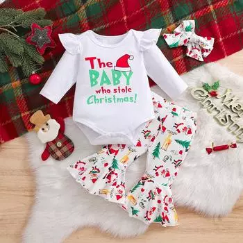 3 шт. Боди для девочки из хлопка с принтом Санта-Клауса, расклешенные брюки с повязкой на голову, рождественский комплект одежды 1-3M