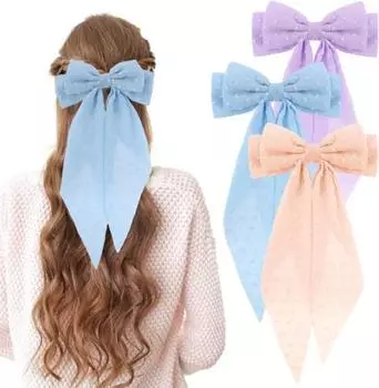 3 шт., большие тюлевые банты для волос для девочек, большие заколки с бантом для волос для женщин, длинные ленты, банты, французские заколки для волос, каваи, эстетические свадебные заколки pink+blue+purple