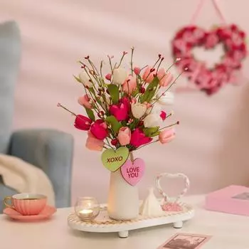 3 шт. букетов из искусственных тюльпанов на День святого Валентина, сердечки, ягодные стебли, искусственные цветы, шпажки с бабочками, центральные украшения стола для свадьбы, помолвки B