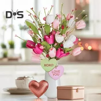 3 шт. букетов из искусственных тюльпанов на День святого Валентина, сердечки, ягодные стебли, искусственные цветы, шпажки с бабочками, центральные украшения стола для свадьбы, помолвки B