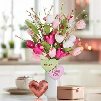 3 шт. букетов из искусственных тюльпанов на День святого Валентина, сердечки, ягодные стебли, искусственные цветы, шпажки с бабочками, центральные украшения стола для свадьбы, помолвки B