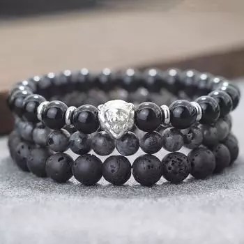3 шт. бусины, нанизанные на бусины Будды, браслет для мужчин и женщин, крутые аксессуары в виде головы льва, черные блестящие бисерные украшения для рук из лавового камня для мужчин чёрный