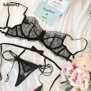 3 шт., бюстгальтер, стринги, костюм с подвязками, женское сексуальное женское белье, кружевной топ, комплект с бюстгальтером, женские стринги, комплект нижнего белья, женский модный топ, эротическое белье M чёрный
