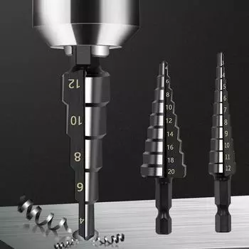 3 шт., черные ступенчатые сверла HSS для азотирования, 4–12 мм, 4–20 мм, набор инструментов для отверстий в дереве и металле с титановым покрытием чёрный