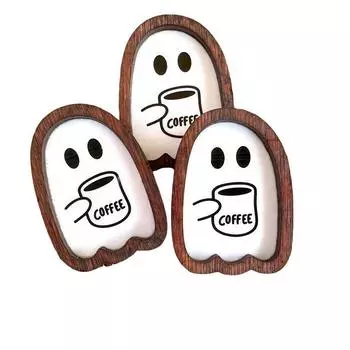 3 шт. Деревянное украшение в виде кофейного эльфа, Милое украшение в виде привидения на Хэллоуин, Забавная миниатюрная статуэтка-модель, Хэллоуин белый