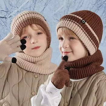 3 шт. детская зимняя шапка, утеплитель для шеи, перчатки, флисовая подкладка, детская шапка, шарф, костюм для улицы, детская шапка для девочек и мальчиков 4-10 лет чёрный