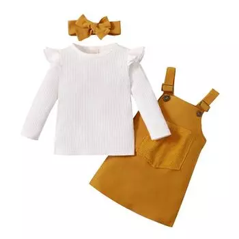 3 шт. детский осенний спортивный костюм, однотонная футболка в рубчик с длинными рукавами + комбинезон + повязка для волос для девочек, 1–5 лет 3-4 Years жёлтый