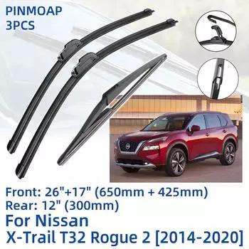 3 шт. для Nissan X-Trail T32 Rogue 2 2014-2020 26 + 17 + 12 передние и задние щетки стеклоочистителя, резак для лобового стекла, аксессуары 2017 2018 2019 2020