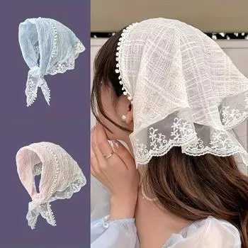 3 шт. французских треугольных полотенца, повязка на голову из полиэстерового кружева в милом стиле, модная повязка на голову на весну и лето, комбинированная сумка с аксессуарами, без перьев, кружевные детали