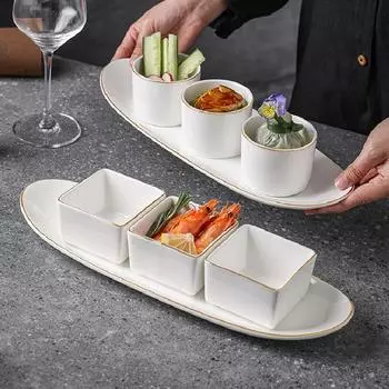 3 шт. Фруктовая салатница, белая керамическая десертная миска для закусок с подносом, золотая кайма, фруктовое блюдце, декоративная посуда для хранения продуктов, домашняя