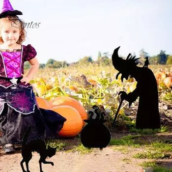 3 шт. Хэллоуин двор знаки черный кот ведьма котел ворон украшения наружный металлический знак с колом для газона садовый декор 3pcs