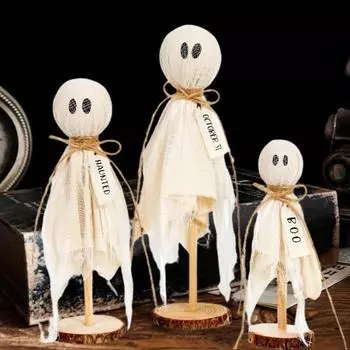 3 шт. Хэллоуин Привидения Украшение Марлевые Призрачные Украшения с Деревянной Подставкой Жуткие Призрачные Настольные Украшения для Центральных Украшений Стола Каминные Доски Многоуровневые Подносы A