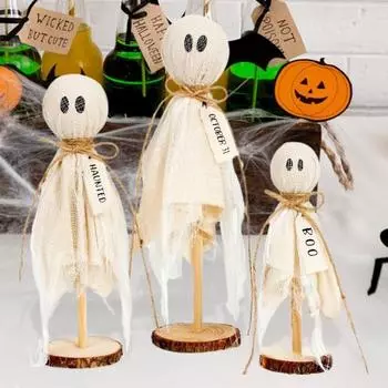 3 шт. Хэллоуин Привидения Украшение Марлевые Призрачные Украшения с Деревянной Подставкой Жуткие Призрачные Настольные Украшения для Центральных Украшений Стола Каминные Доски Многоуровневые Подносы A