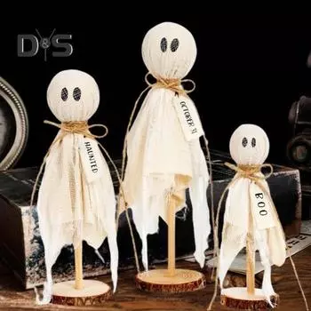 3 шт. Хэллоуин Привидения Украшение Марлевые Призрачные Украшения с Деревянной Подставкой Жуткие Призрачные Настольные Украшения для Центральных Украшений Стола Каминные Доски Многоуровневые Подносы A