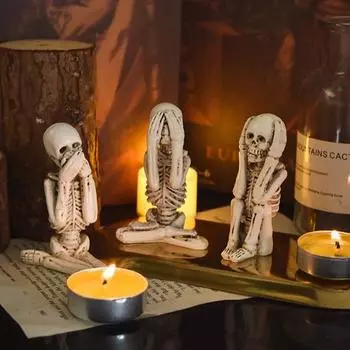 3 шт. Хэллоуин сидящая фигурка скелета жуткая не слышу не вижу не говорю скелет статуэтка из смолы