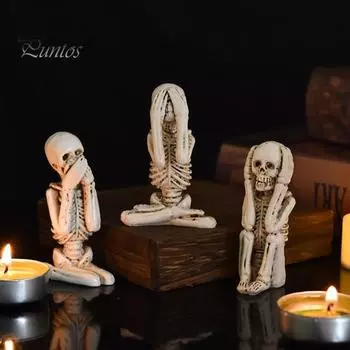 3 шт. Хэллоуин сидящая фигурка скелета жуткий скелет не слышит не видит не говорит скульптура из смолы домашний офис настольное украшение орнамент A