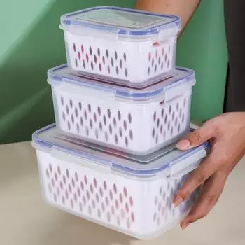 3 шт. Холодильник Ящик Для Хранения С Корзиной Для Слива Высокая Емкость Органайзер Для Свежих Овощей Фруктов Контейнеры Для Хранения Для Кухни 3pcs