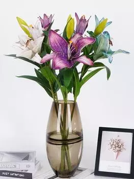 3 шт. искусственных лилий на длинном стебле, искусственные цветы лилии, 3 головки/букет, 1 полностью распустившаяся лилия и 2 бутона лилии для домашнего, отельного, цветочного оформления вечеринки синий