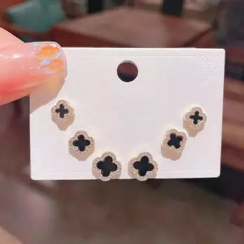 3 шт. карта из трех пар темпераментных циркониевых сережек с четырьмя листьями клевера, роскошные женские серьги со стразами 3pcs чёрный