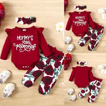 3 шт. комбинезон с цветочным принтом для новорожденных девочек, топы, брюки, повязка на голову, комплект одежды