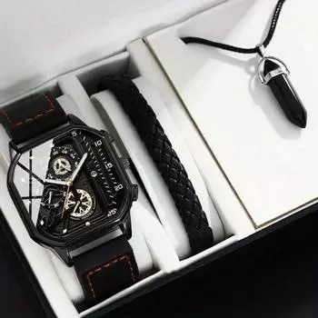 3 шт./компл., 1 шт. модные мужские деловые кварцевые наручные часы из искусственной кожи с квадратным принтом, 1 шт. повседневный браслет и 1 шт. классическое ожерелье, идеальный выбор для подарков