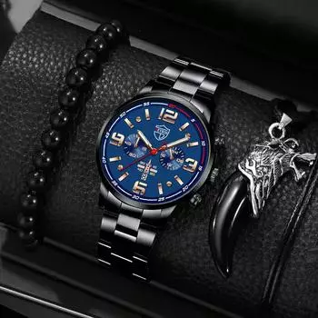 3 шт./компл., 1 шт. модные мужские повседневные кварцевые часы из нержавеющей стали, 1 браслет и 1 ожерелье с коробкой