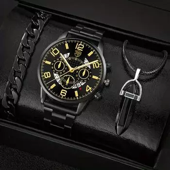 3 шт./компл., 1 шт. модные мужские повседневные часы с круглым указателем, кварцевые часы, 1 браслет и 1 ожерелье