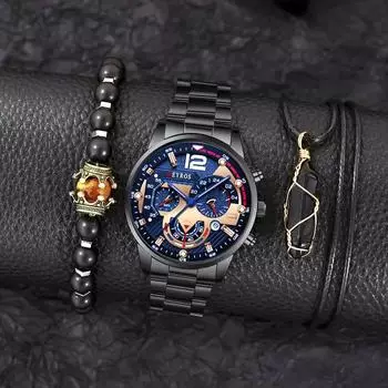 3 шт./компл., 1 шт. модные мужские повседневные кварцевые часы из нержавеющей стали, 1 браслет и 1 ожерелье с коробкой
