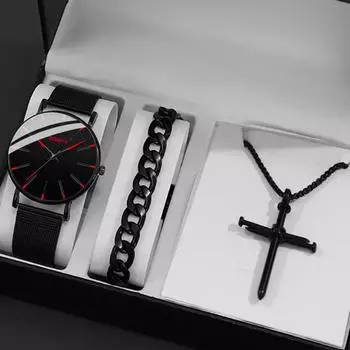 3 шт./компл., 1 шт. модные мужские деловые кварцевые часы с сетчатым ремешком из нержавеющей стали, 1 браслет и 1 ожерелье, мужские подарки