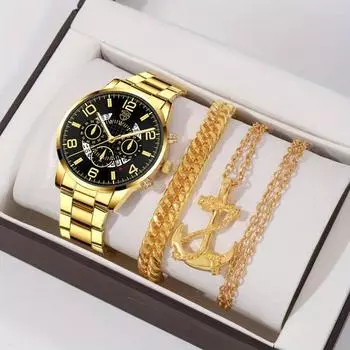 3 шт./компл., 1 шт. модные мужские повседневные спортивные кварцевые часы с круглой указкой, 1 браслет и 1 ожерелье, мужские подарки