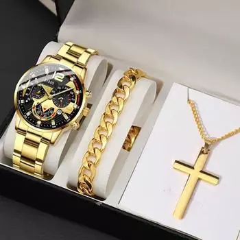 3 шт./компл., 1 шт. модные мужские спортивные кварцевые часы с ремешком из нержавеющей стали, 1 браслет и 1 ожерелье, лучшие подарки для него