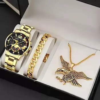 3 шт./компл., 1 шт. модные мужские кварцевые часы с деловым календарем, 1 браслет и 1 ожерелье, подарки на день отца