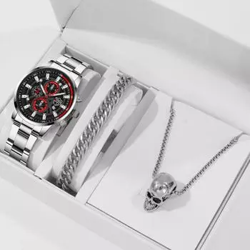 3 шт./компл. 1 шт., модные мужские повседневные наручные часы с ремешком из нержавеющей стали, 1 браслет и 1 ожерелье