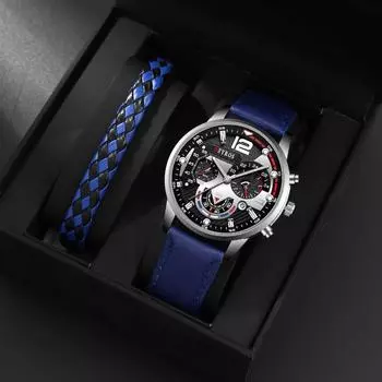 3 шт./компл., 1 шт. модные мужские повседневные кварцевые часы с кожаным ремешком из искусственной кожи и 1 шт. мужской браслет, мужские подарки