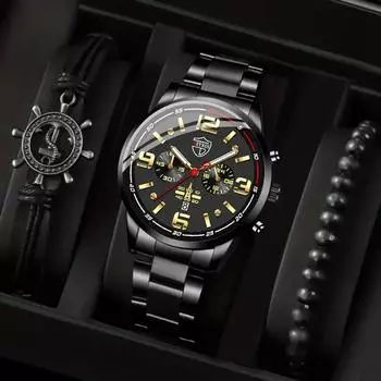 3 шт./компл., 1 шт. модные мужские спортивные кварцевые часы из нержавеющей стали и 2 шт. браслет с коробкой, мужские подарки