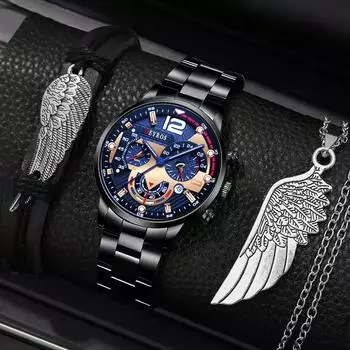 3 шт./компл., 1 шт. модные мужские роскошные кварцевые часы с календарем, мужские деловые наручные часы, 1 браслет и 1 ожерелье, лучшие подарки для него