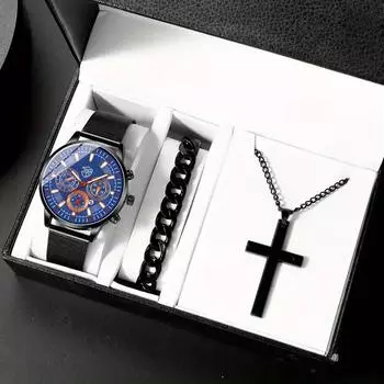 3 шт./компл. 1 шт. модный мужской деловой сетчатый пояс Кальдендар кварцевые часы и 1 браслет и 1 ожерелье