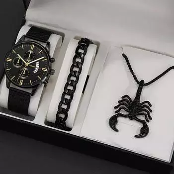 3 шт./компл. 1 шт. модный мужской сетчатый ремень из нержавеющей стали, кварцевые часы, 1 браслет и 1 ожерелье, мужские подарки