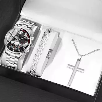 3 шт./компл., 1 шт. мужские кварцевые наручные часы, 1 шт. браслет и 1 шт. комплект ожерелья, идеальный выбор для подарков мужчинам