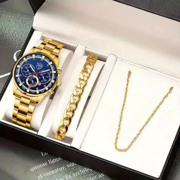 3 шт./компл., 1 шт. Мужские модные деловые кварцевые наручные часы из нержавеющей стали, 1 браслет и 1 ожерелье с коробкой, мужские подарки