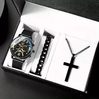3 шт./компл., 1 шт., мужские модные деловые часы с календарем, кварцевые часы, 1 браслет и 1 ожерелье