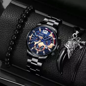 3 шт./компл., 1 шт. Мужские модные повседневные кварцевые часы с ремешком из нержавеющей стали, 1 шт. Мужской браслет и 1 шт. Ожерелье