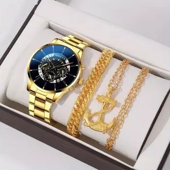 3 шт./компл., 1 шт. Мужские модные повседневные кварцевые часы Caalendar из нержавеющей стали, 1 браслет и 1 ожерелье