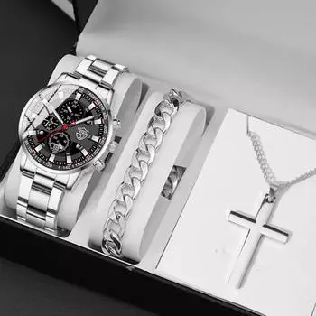 3 шт./компл., 1 шт., мужские модные кварцевые наручные часы с календарем, 1 шт., повседневный мужской браслет и 1 шт., классическое ожерелье с крестом, подарки для мужчин