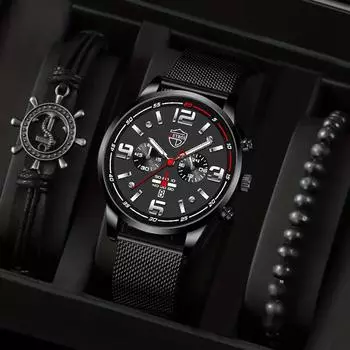 3 шт./компл., 1 шт. мужские повседневные спортивные кварцевые часы с сетчатым ремешком и 2 браслета в коробке