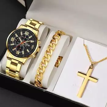 3 шт./компл. 1 шт. мужские роскошные кварцевые часы с деловым календарем, 1 браслет и 1 ожерелье