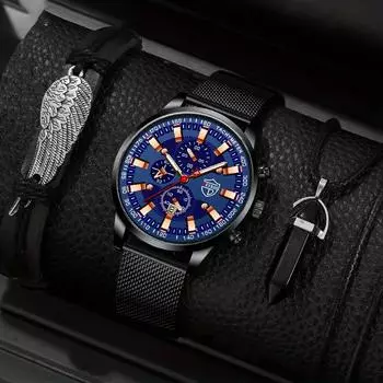 3 шт./компл., 1 шт. Мужской модный повседневный календарь с сетчатым ремешком из нержавеющей стали, кварцевые наручные часы, 1 шт. Мужской браслет и 1 шт. Мужское ожерелье