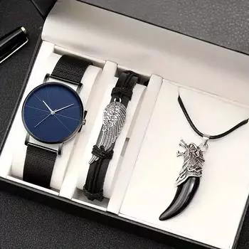 3 шт./компл., 1 шт., мужской модный повседневный ремешок из нержавеющей стали, сетчатый ремень, кварцевые наручные часы и браслет, комплект ожерелья