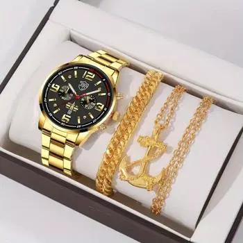 3 шт./компл., 1 шт. Роскошные мужские деловые кварцевые часы с круглой стрелкой, 1 браслет и 1 шейное ожерелье
